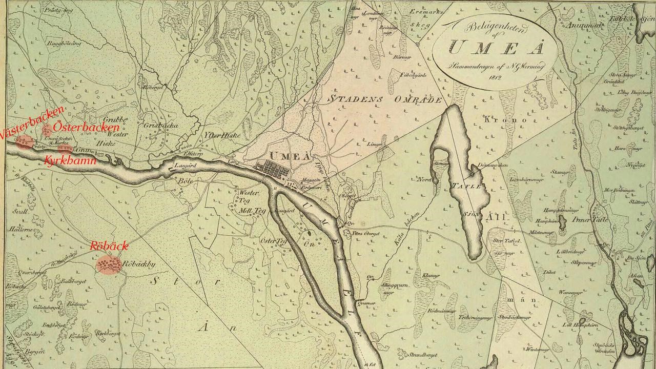 En gammal karta &ouml;ver en stad med en flod som rinner genom den.