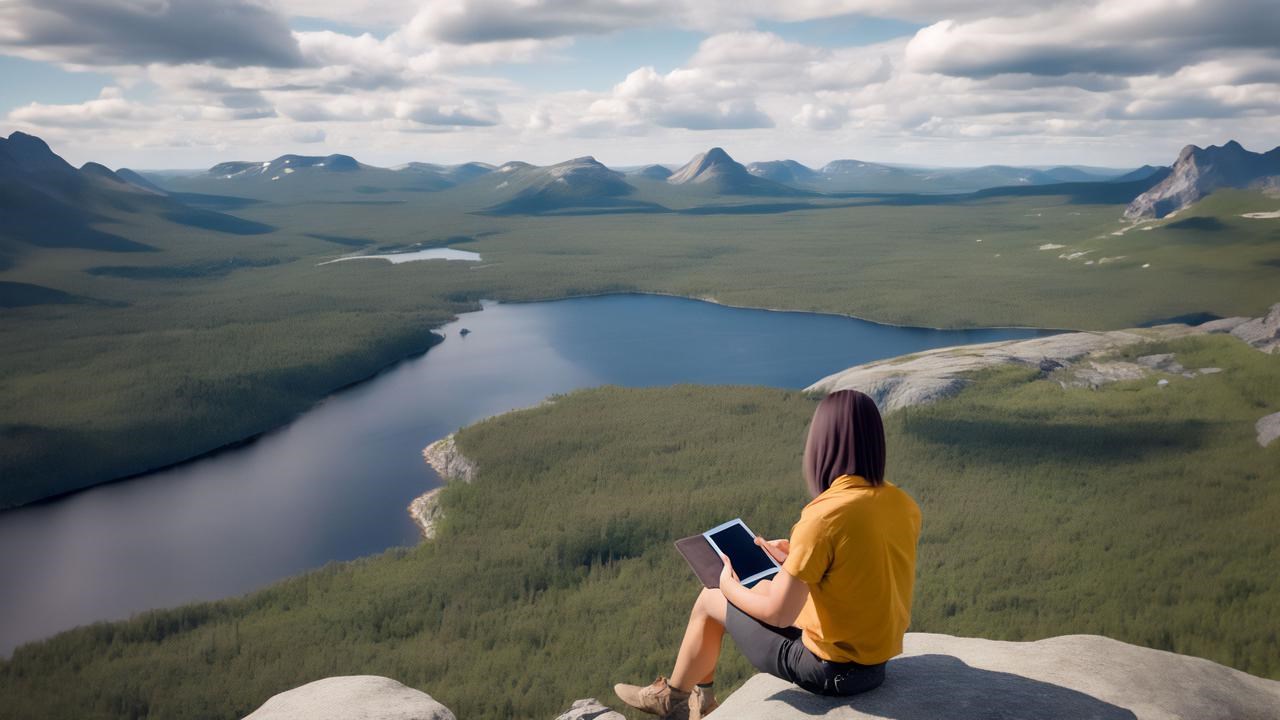 AI-genererad bild på en person med en iPad vid en fjällsjö.