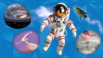 Collage with pictures of an astronaut, a bath bomb and a paper helicopter for the Sports break at Curiosum 2024.