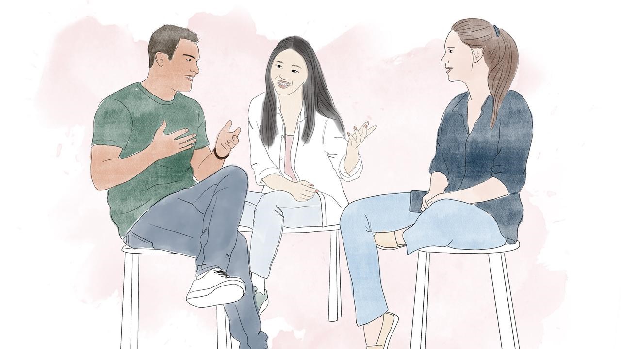 Illustration av tre studenter, en man och två kvinnor. De siter på pallar och samtalar med varandra.