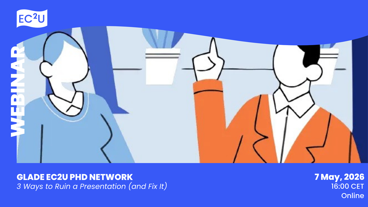 A blue and white poster with two people on it.