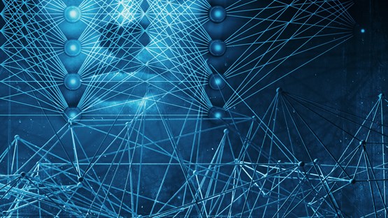 3D-illustration med neurala nätverk och ett blått människoansikte för att illustrera artificiell intelligens.