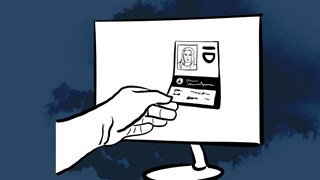 A hand reaches over to take an ID card out of a screen.