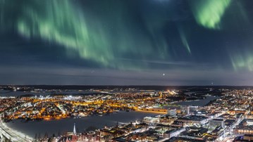 Aurora Borealis in the center city of Umeå in northern Sweden