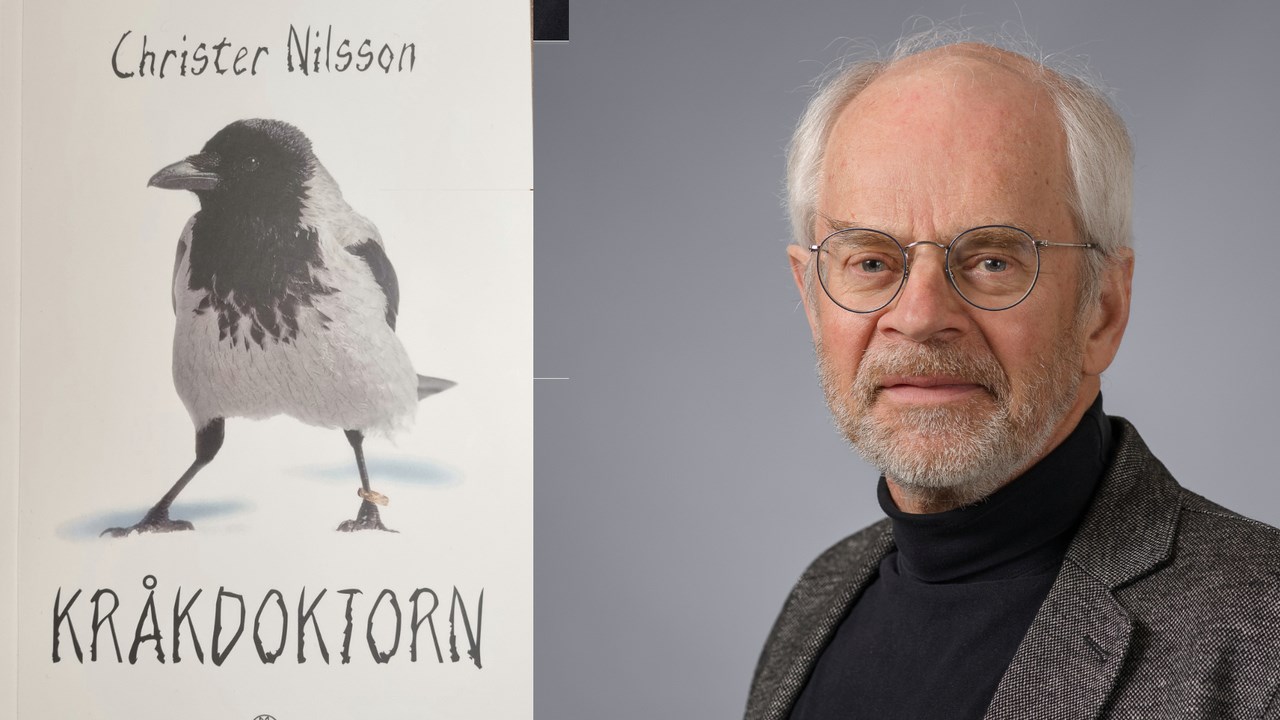Kollage med bokomslaget till Kråkdoktorn och ett porträtt på Christer Nilsson.