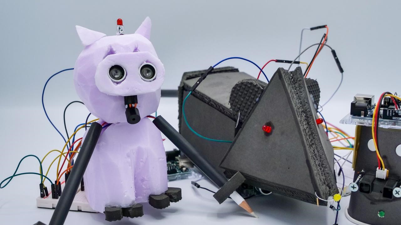 Ett gäng robotar som står bredvid varandra.