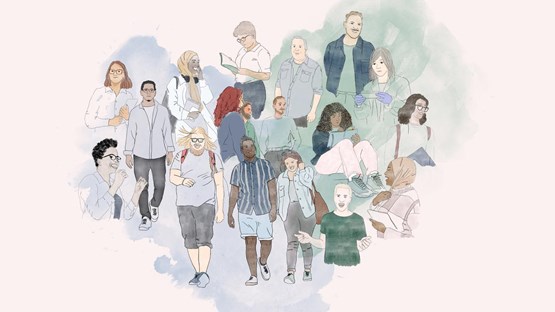 Illustration i kollageform av människor i olika åldrar.