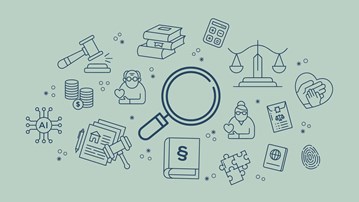 Ett förstoringsglas omgivet av juridiska ikoner.