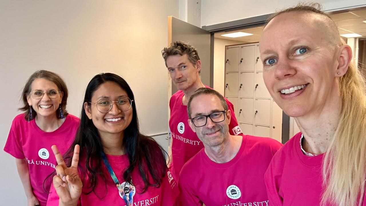 En grupp m&auml;nniskor i rosa skjortor som poserar f&ouml;r en bild.