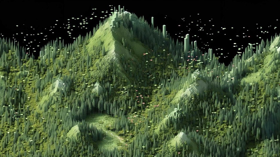 Digital rendering av ett skogsparti. 