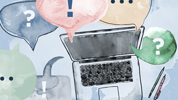 Illustration av dator med pratbubblor med symboler för frågor och svar.