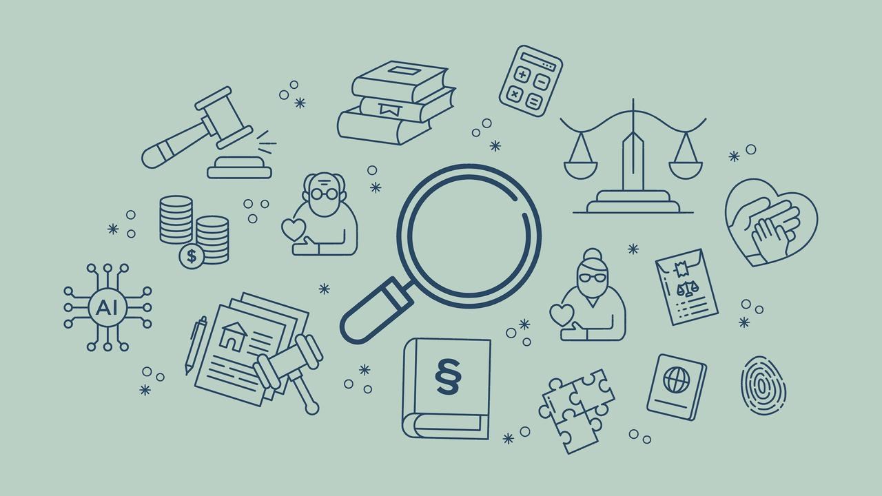 Ett förstoringsglas omgivet av juridiska ikoner på en ljusgrön bakgrund.