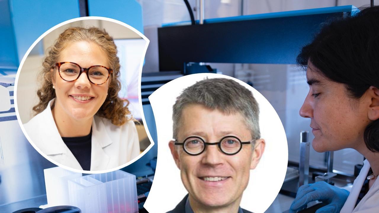 Three scientist image, one working in lab, two in bubbles