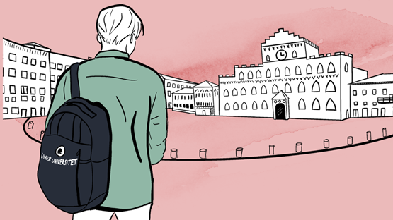 Person med Umeå universitetsväska anländer till ett äldre universitet.