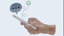 Illustration av en hand som knappar på en mobiltelefon. En pratbubbla med prickar och en sirlig linje som leder till en playknapp pekar mot skärmen.