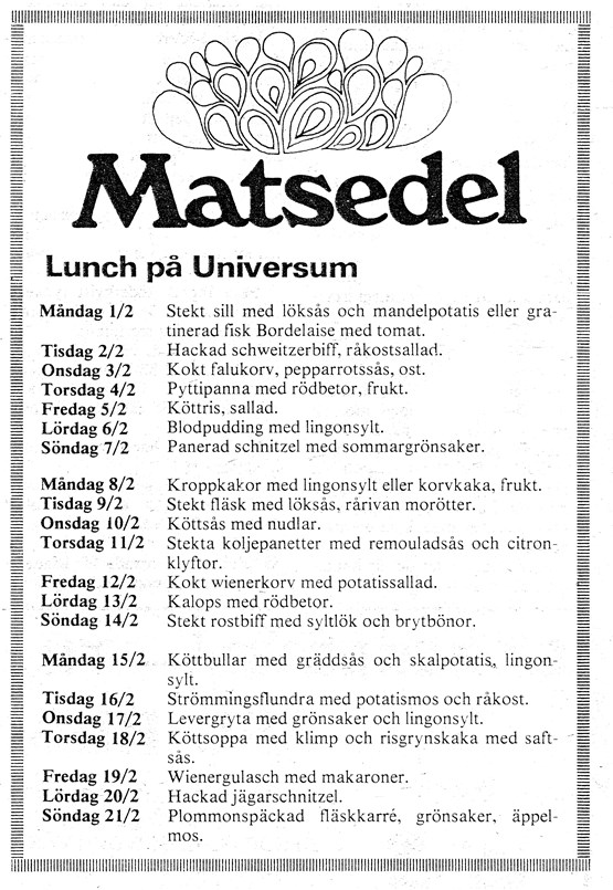 Lunchmatsedel på Universum från 70-talet.
