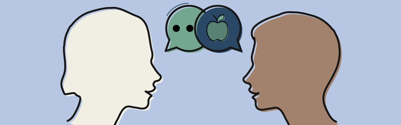 Illustration av två personer i profil. De pratar med varandra.