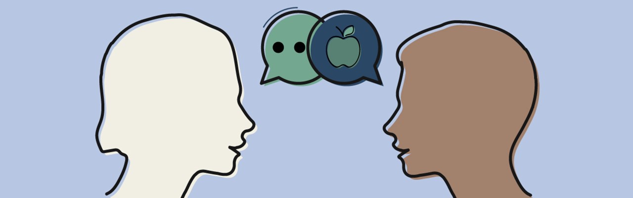 Illustration av två personer i profil. De pratar med varandra.