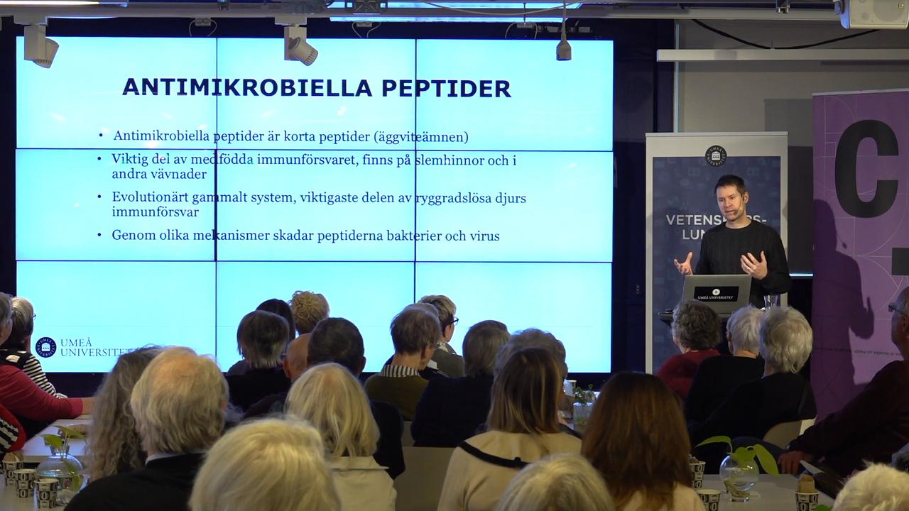 Hugo L&ouml;vheim till h&ouml;ger, stor bildsk&auml;rm med presentation och publik