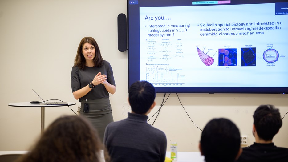 Elin Chorell stands by a screen displaying a slide outlining her need for collaborators.