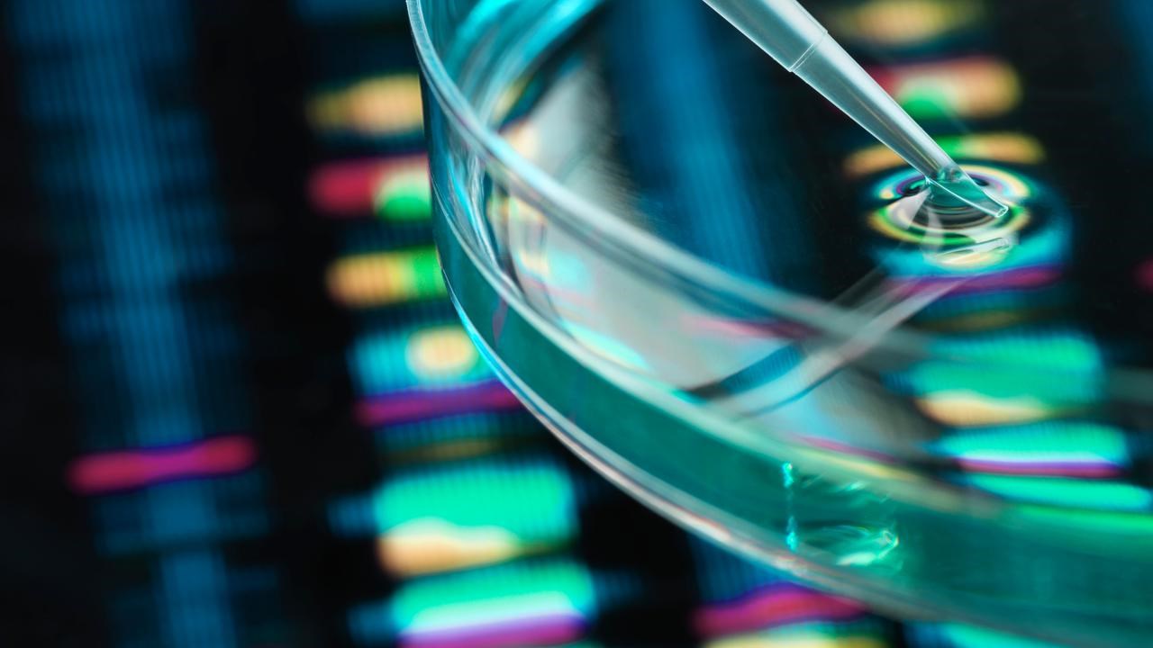 Pipette adding sample to petri dish with DNA profiles in background