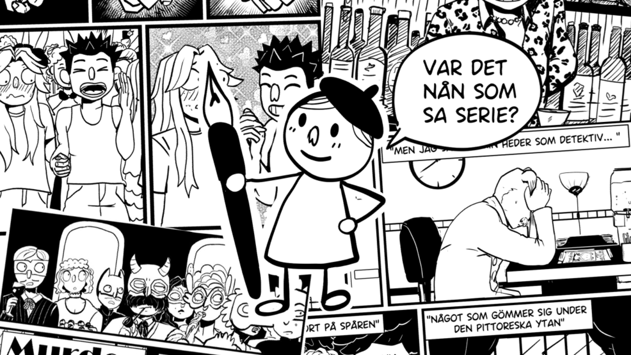 Ett gäng svartvita serierutor som är utspridda i ett kollage.