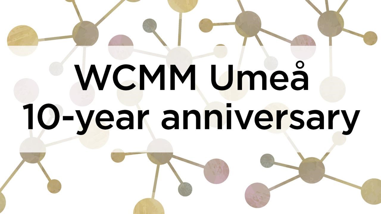 Grafisk bild med texten WCMM Umeå 10-years anniversary. WCMM står för Wallenberg Center för Molekylär Medicin.