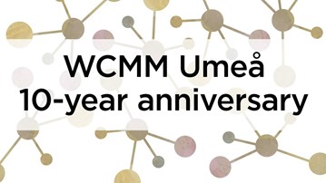 Grafisk bild med texten WCMM Umeå 10-years anniversary. WCMM står för Wallenberg Center för Molekylär Medicin.