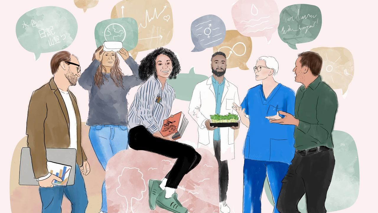 Illustration över sex personer som representerar olika fakulteter.