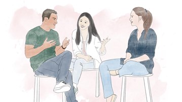 Illustration av tre studenter, en man och två kvinnor. De siter på pallar och samtalar med varandra.