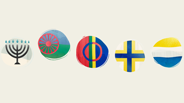 Illustration av de fem nationlla minoriteternas flaggor.
