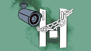 Illustration of a security camera and a door locked with a chain and padlock.