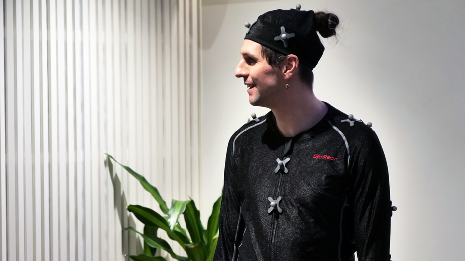 Love Ersare from Skuggteatern wearing Motion Capture suit
