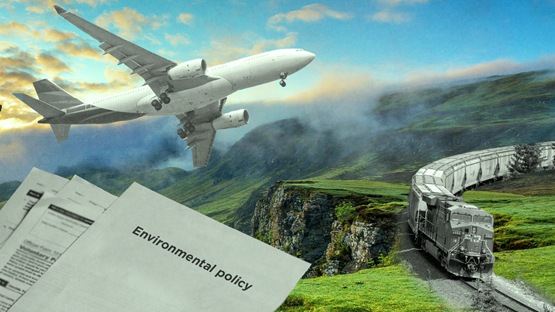 A collage of an airplane flying over a train and a stack of papers labeled environmental policy.