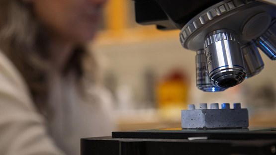 En legobit i cement under ett mikroskop