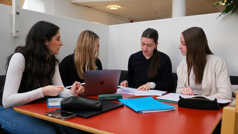 Fyra utbytesstudenter sitter runt ett bord och studerar