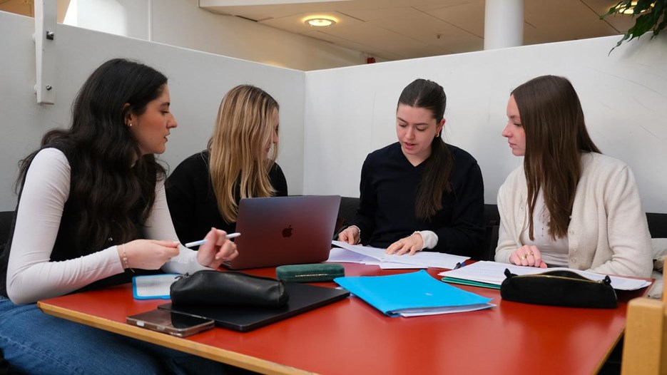 Fyra utbytesstudenter sitter runt ett bord och studerar