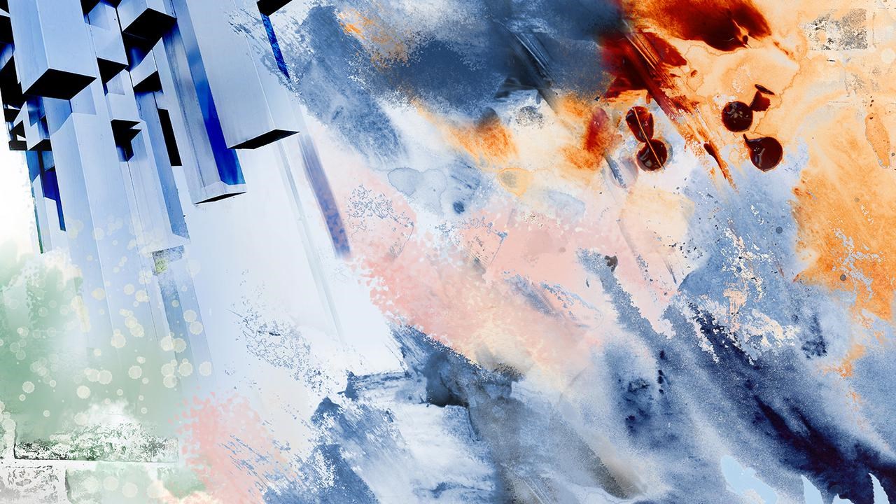 En abstrakt m&aring;lning av en tegelv&auml;gg och en bl&aring; himmel.