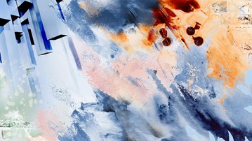 En abstrakt målning av en tegelvägg och en blå himmel.