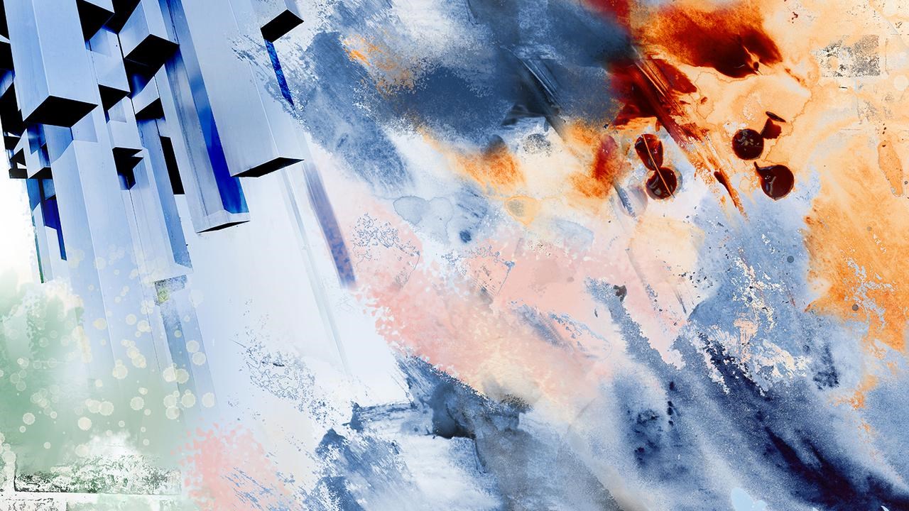 En abstrakt m&aring;lning av en tegelv&auml;gg och en bl&aring; himmel.