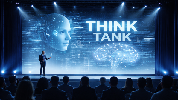 man på scen framför orden Think Tank