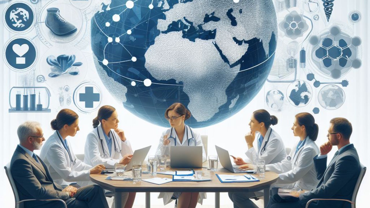 Läkarmöte runt ett konferensbord med jordglob och medicinska ikoner i fonden.