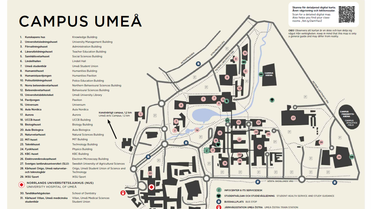 Illustrativ karta &ouml;ver Campus Ume&aring; och Norrlands universitetssjukhus med byggnader, v&auml;gar och cykelv&auml;gar.