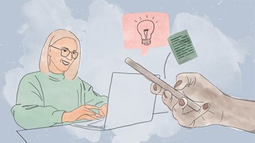 Illustration med en kvinna framför en dator