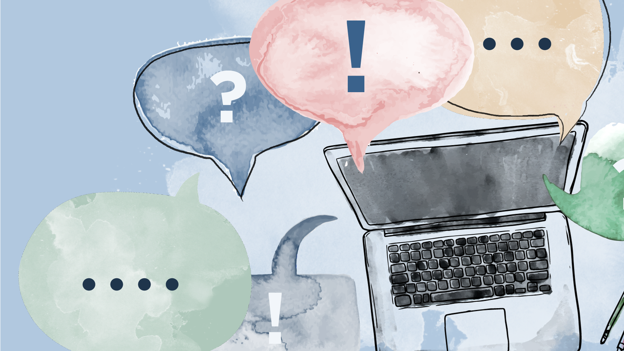Illustration av dator med pratbubblor med symboler för frågor och svar.