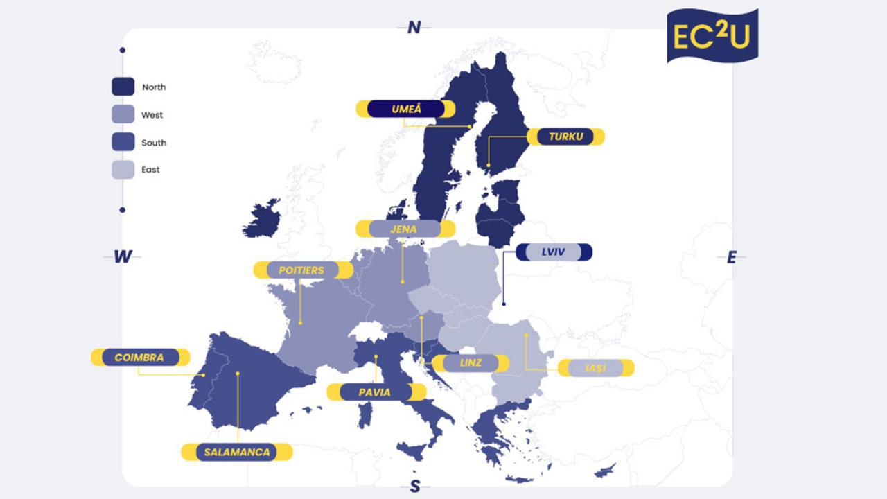 En karta över Europa med alla större städer.