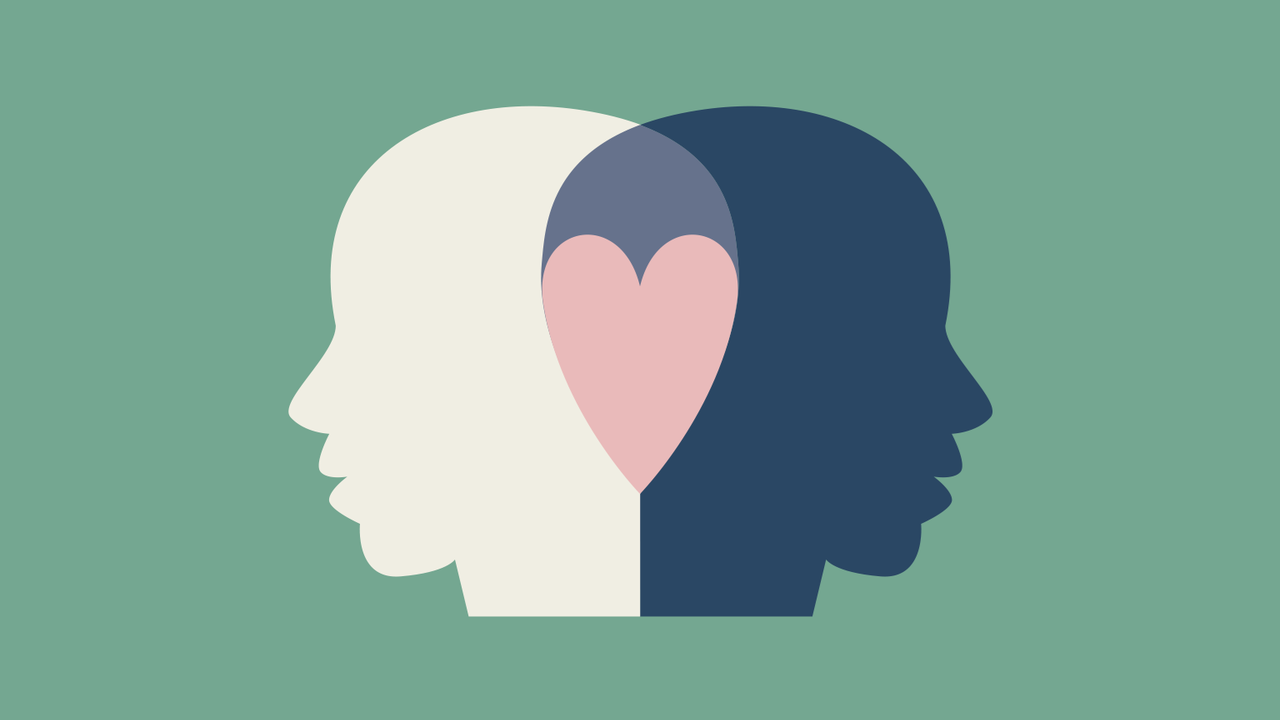 Två huvuden som överlappar, i överlappet finns ett rosa hjärta