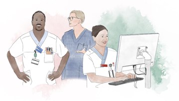 Illustration av en manlig och en kvinnlig sjuksköterska och en kvinnlig läkare som sitter framför en dator.
