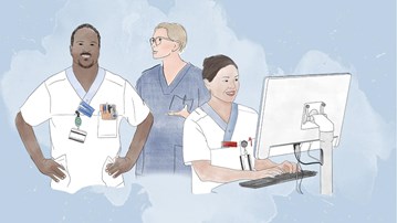 Illustration av en manlig och en kvinnlig sjuksköterska som står bakom en kvinnlig läkare som sitter framför en dator.