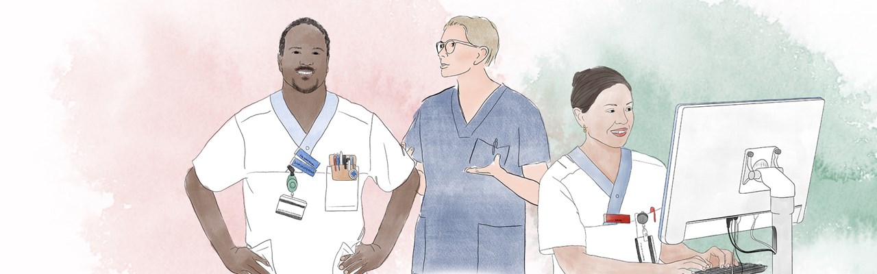 Illustration av en manlig och en kvinnlig sjuksköterska och en kvinnlig läkare som sitter framför en dator.